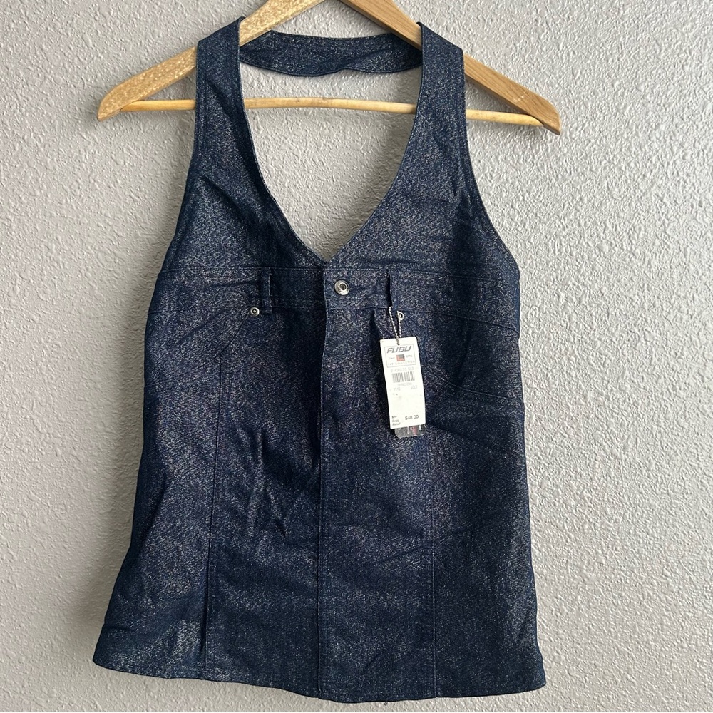 NEW Fubu Y2K Vintage Shiny‎ Denim Jean Halter tank top NWT